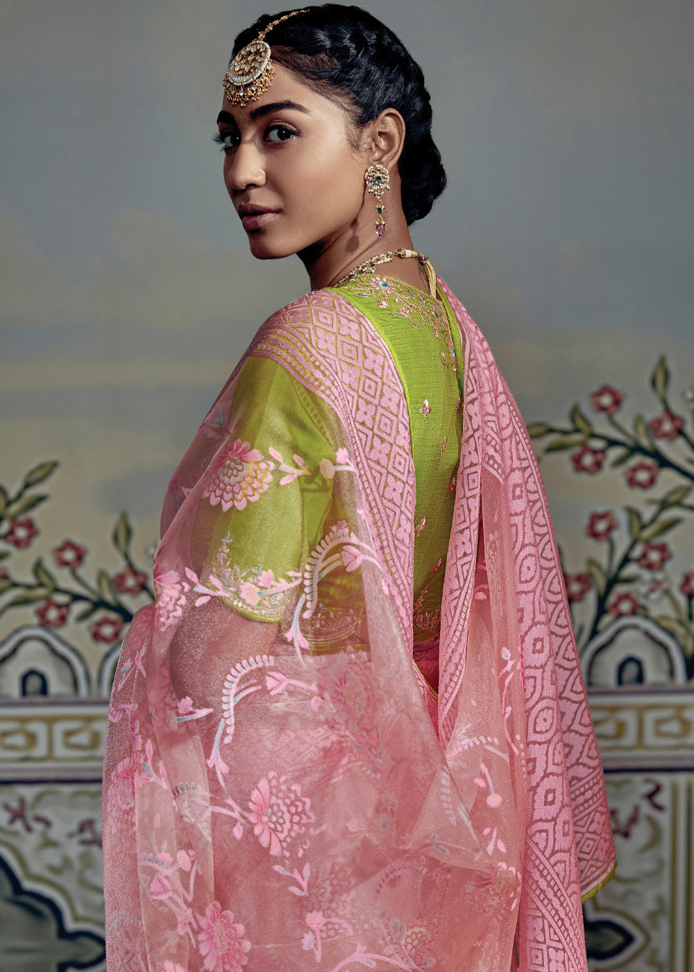 Buy MySilkLove Contessa Pink and Green Woven Soft Silk Saree with Embroidered Blouse Online