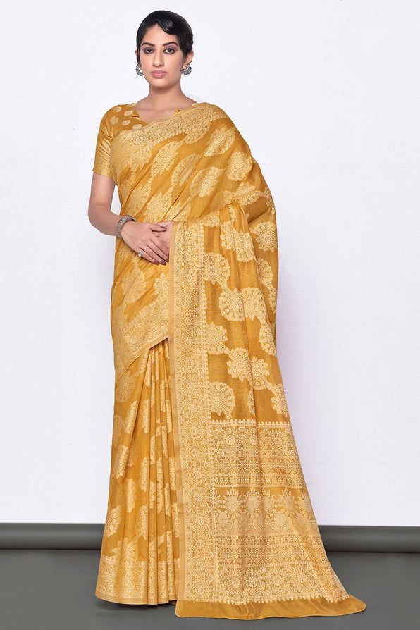 Buy MySilkLove Raw Sienna Yellow Cotton Saree Online