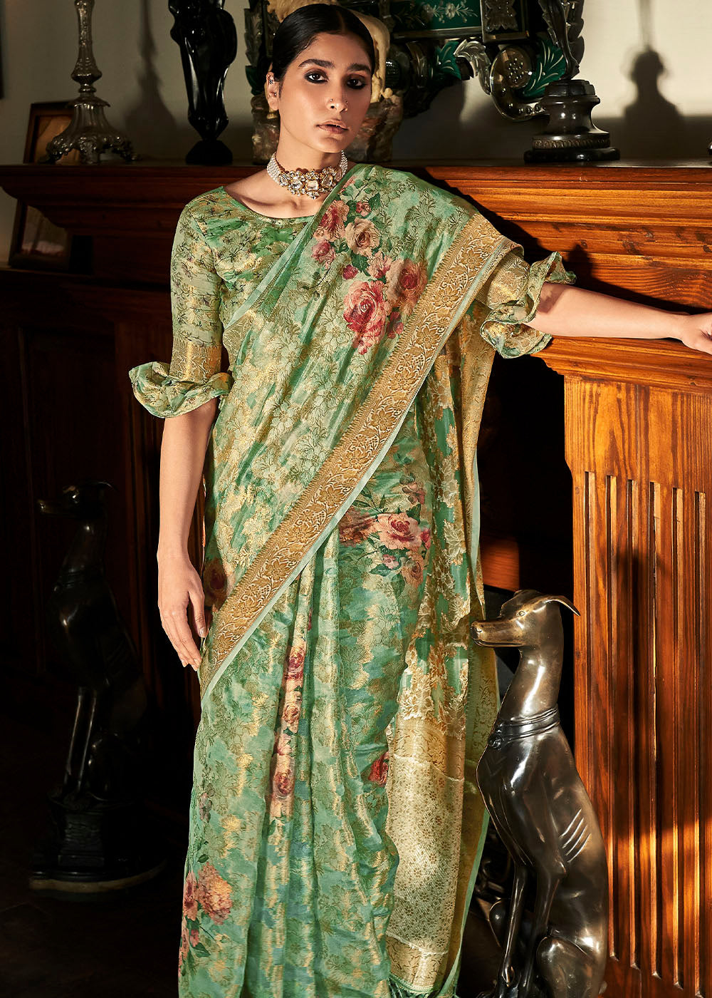 Buy MySilkLove Olivine Green Digital Printed Brasso Saree Online