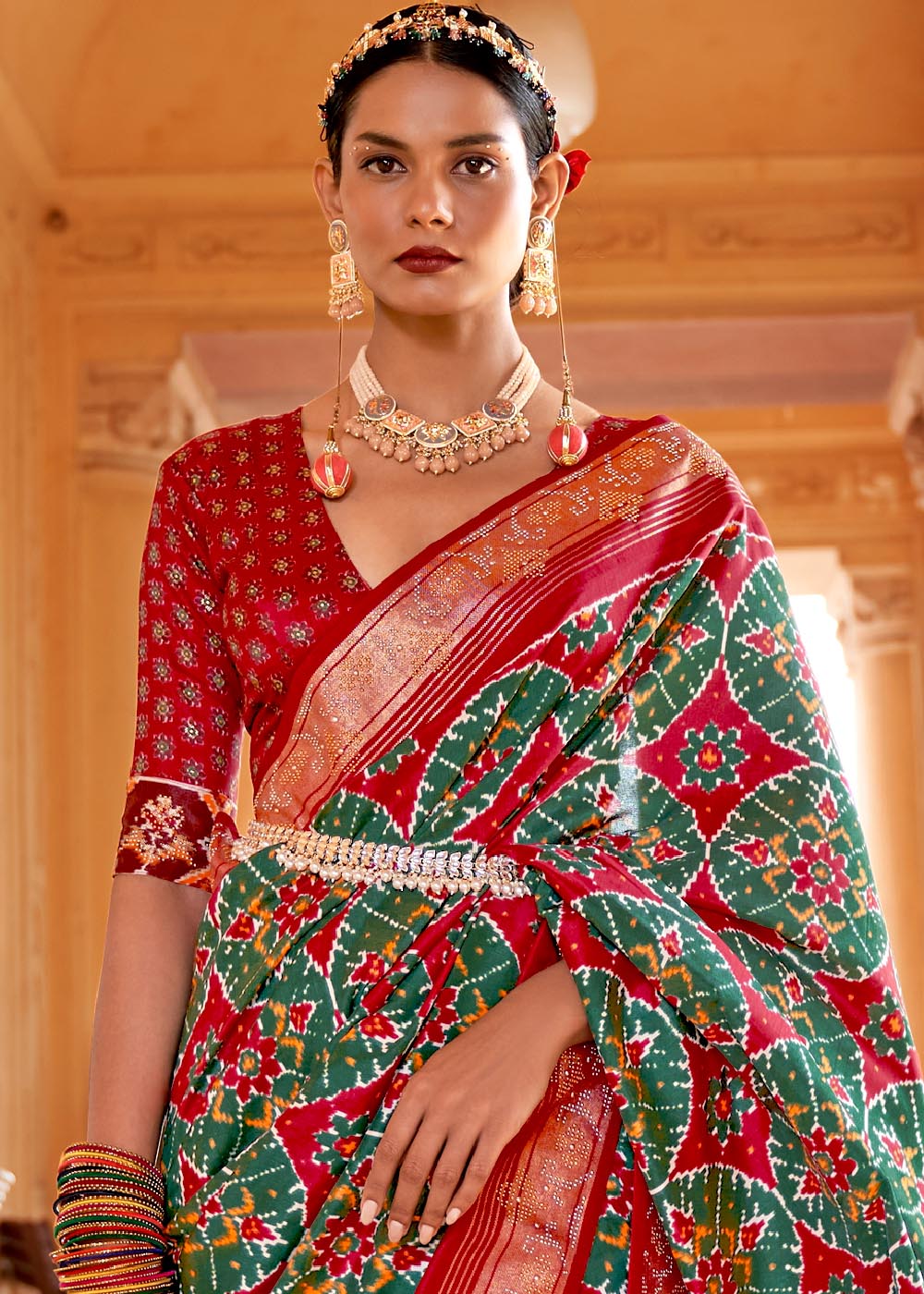 MySilkLove Willow Grove Green and Red Printed Patola Saree