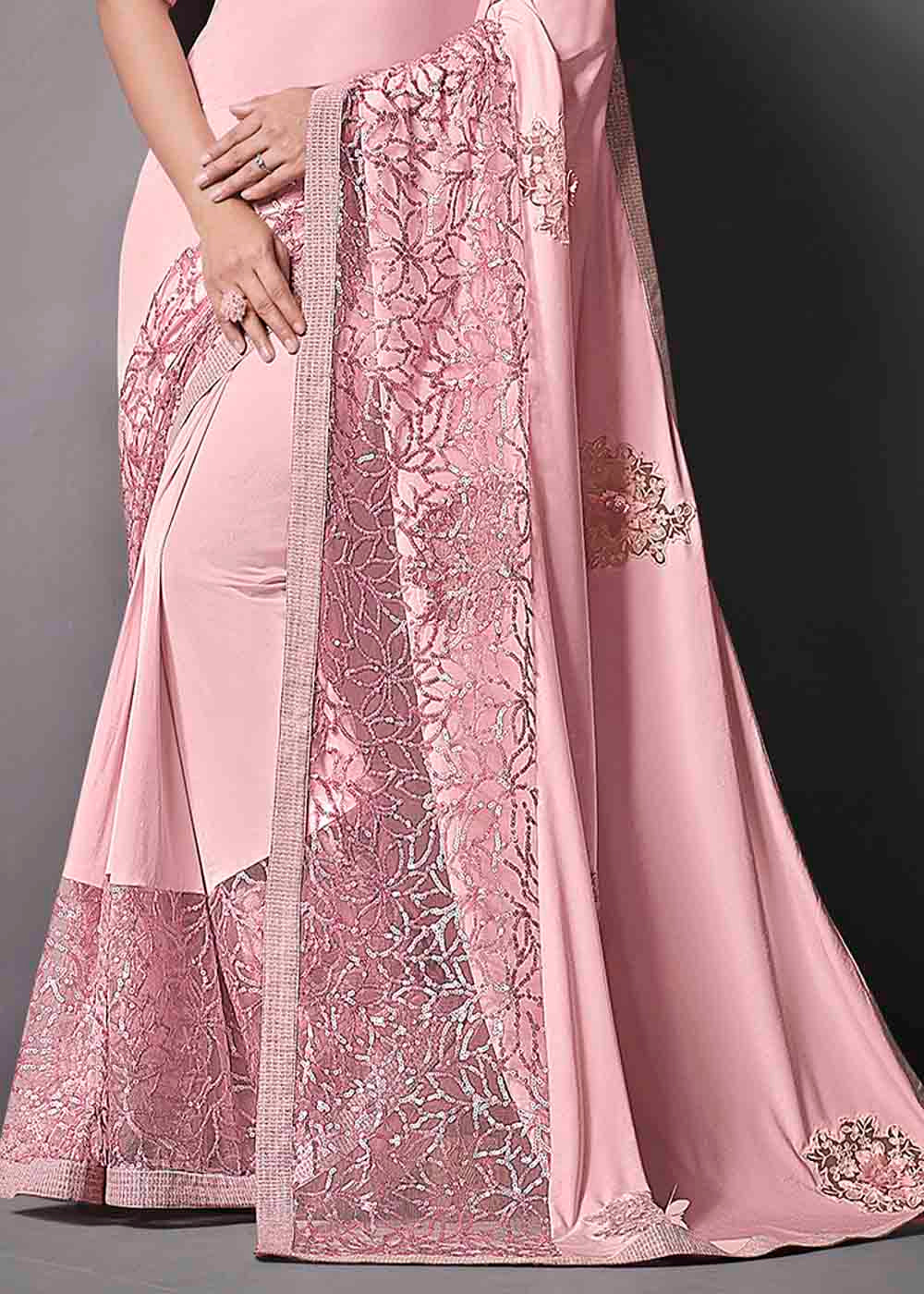 Buy MySilkLove Azalea Pink Designer Lycra Saree with Embroidery Work Online