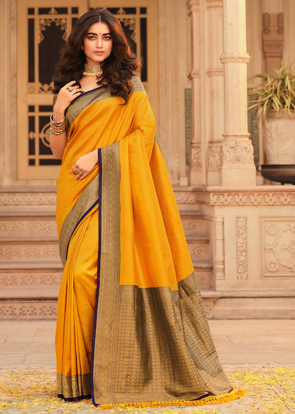 Buy MySilkLove Glow Yellow and Blue Zari Woven Kanjivaram Saree Online