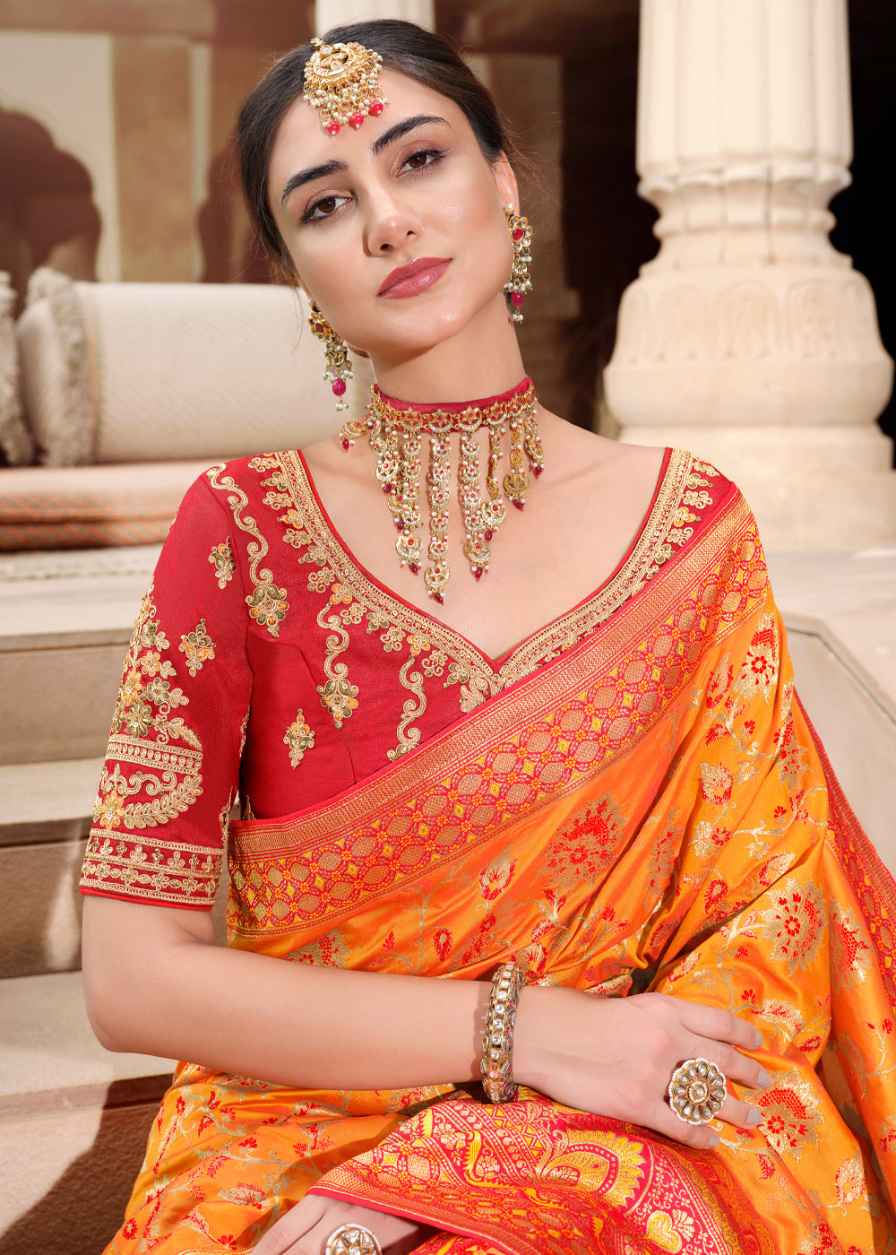 Buy MySilkLove Burnt Orange and Red Woven Designer Banarasi Silk Saree Online