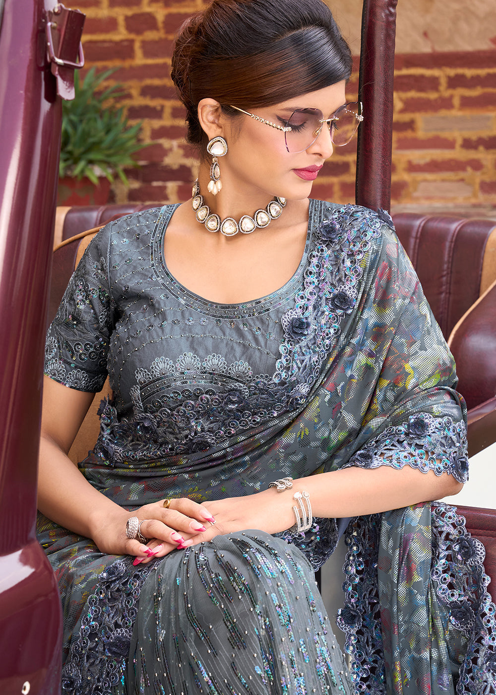 Buy MySilkLove Slate Grey Designer Silk Saree Online