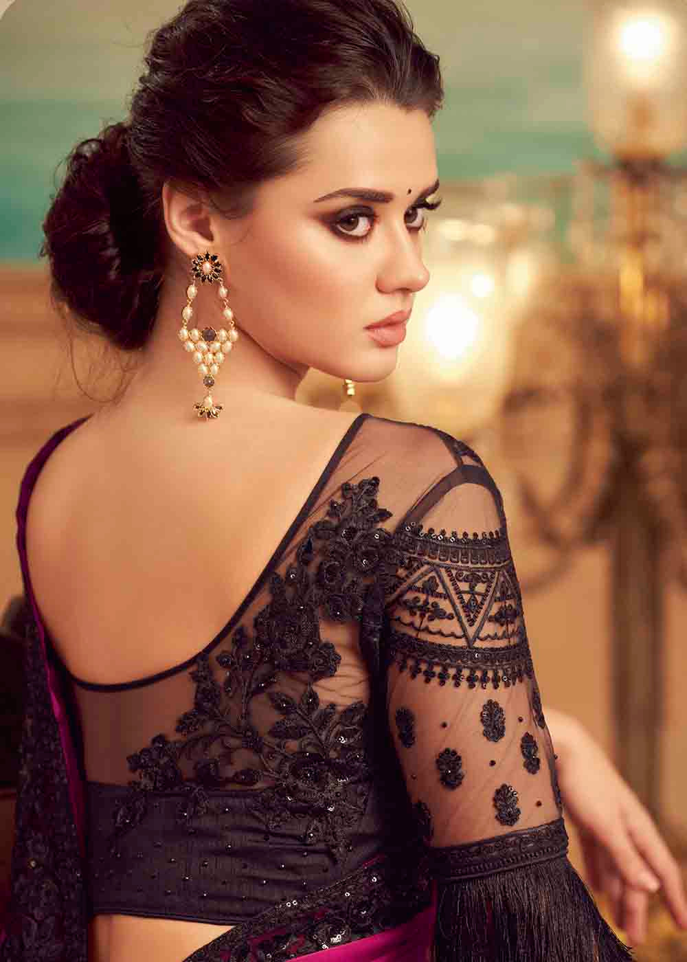 Buy MySilkLove Blush Pink and Black Embroidered Satin Silk Designer Saree Online