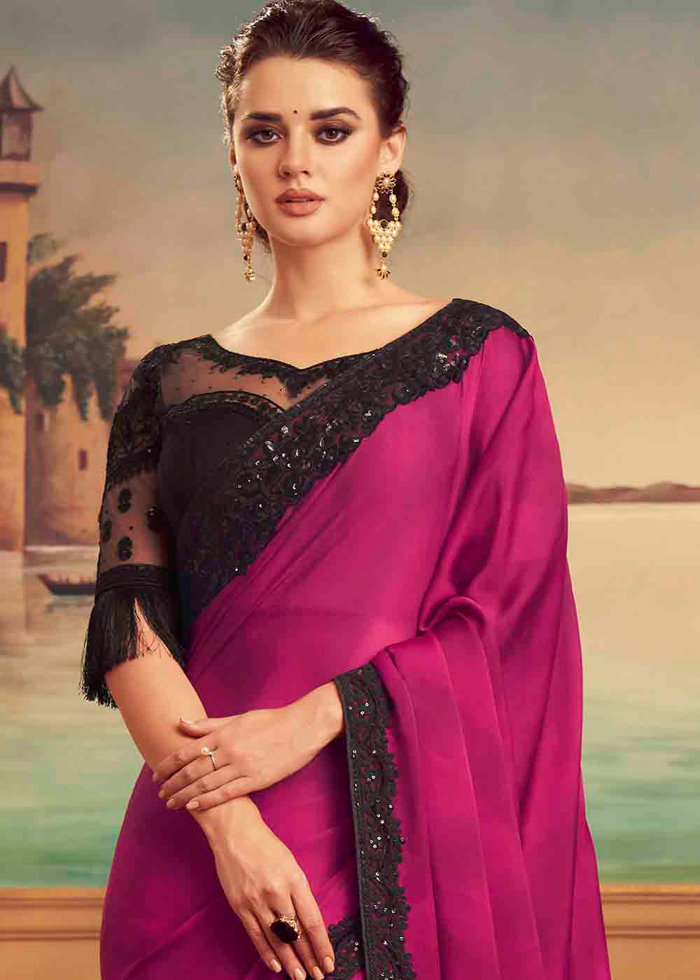 MySilkLove Blush Pink and Black Embroidered Satin Silk Designer Saree
