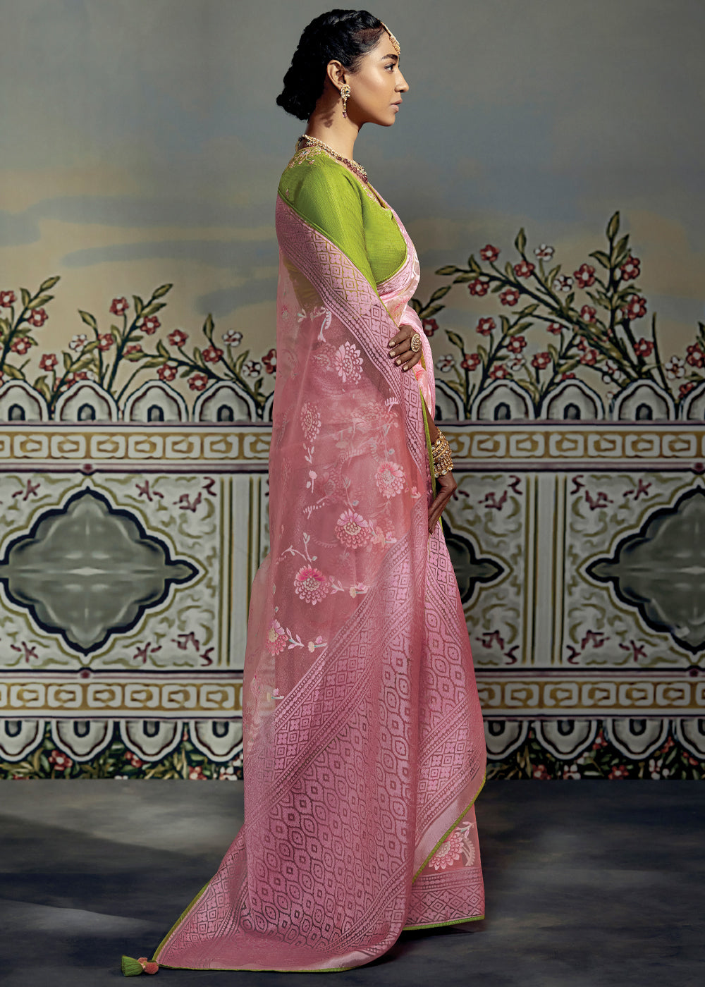 Buy MySilkLove Contessa Pink and Green Woven Soft Silk Saree with Embroidered Blouse Online