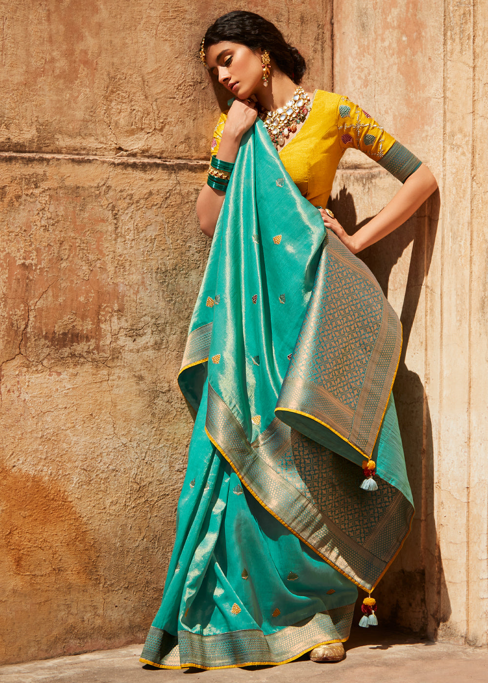 Buy MySilkLove Ocean Blue and Yellow Zari Woven Designer Banarasi Saree Online