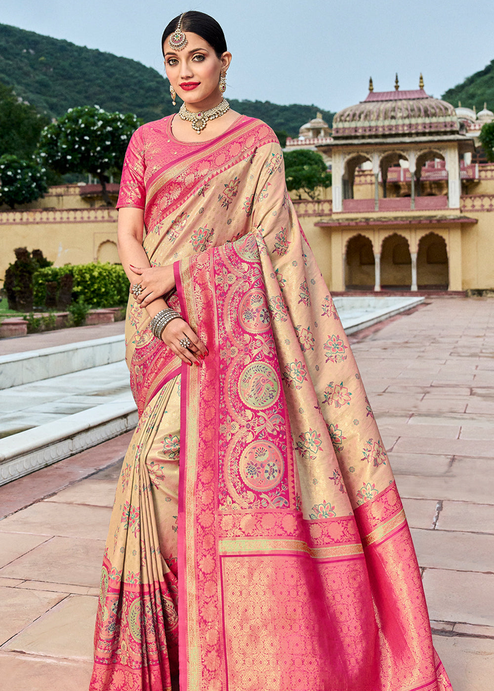 Buy MySilkLove Orleans Cream and Pink Designer Banarasi Saree Online