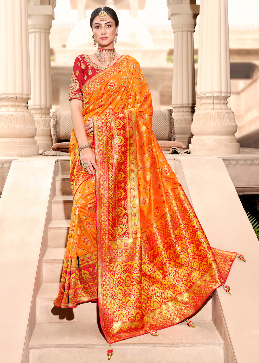 Buy MySilkLove Burnt Orange and Red Woven Designer Banarasi Silk Saree Online