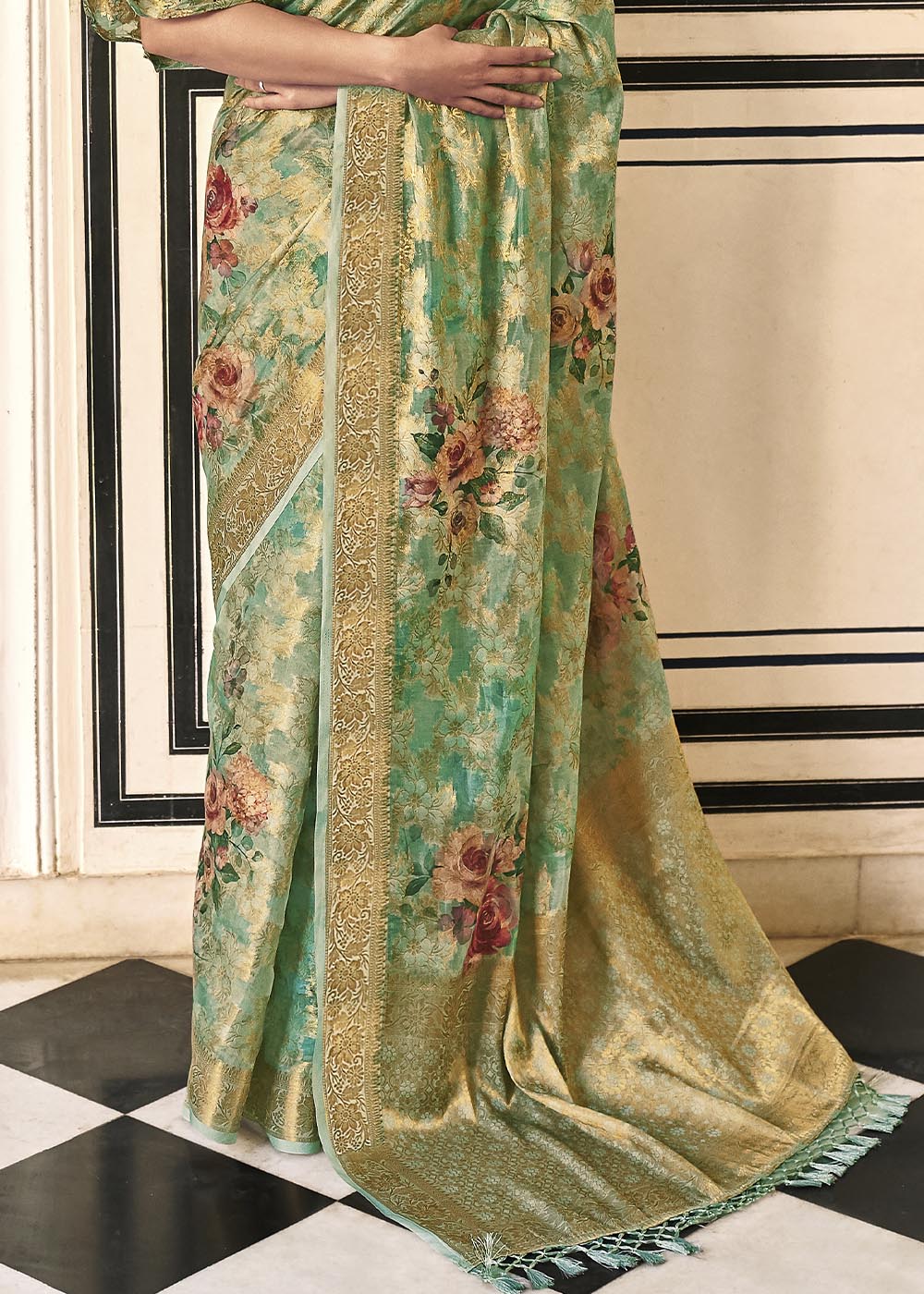 Buy MySilkLove Olivine Green Digital Printed Brasso Saree Online