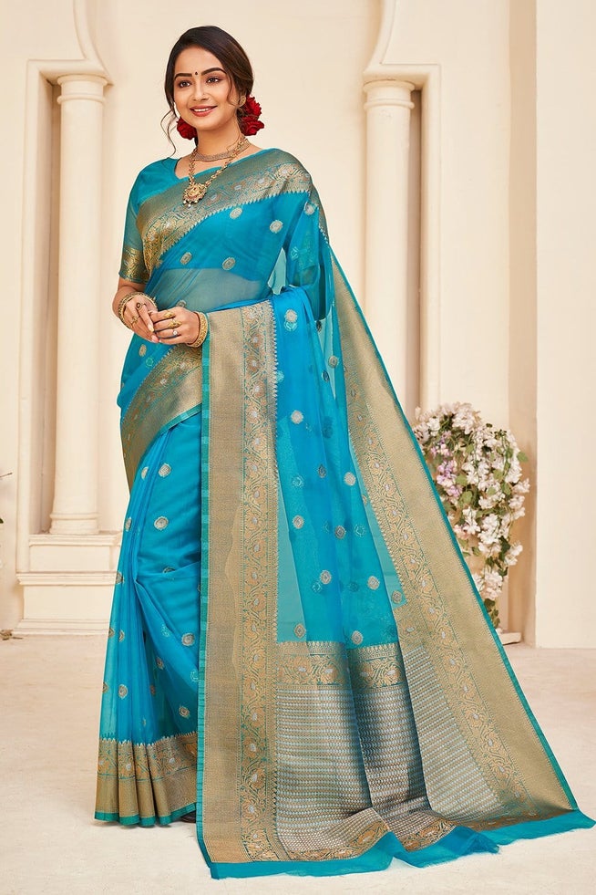 Buy MySilkLove Spray Blue Handloom Woven Organza Saree Online