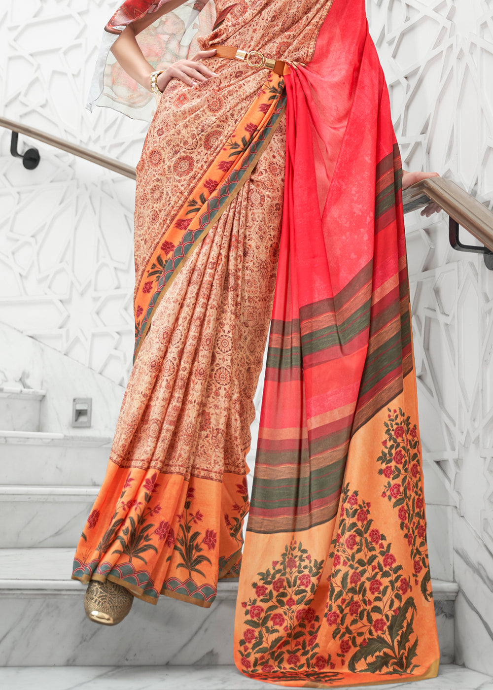 Buy MySilkLove Orchid Cream and Pink Kalamkari Printed Crepe Saree Online