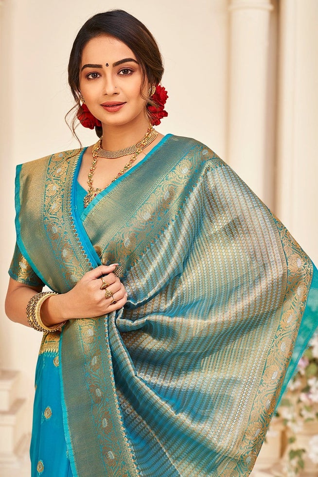 MySilkLove Spray Blue Handloom Woven Organza Saree