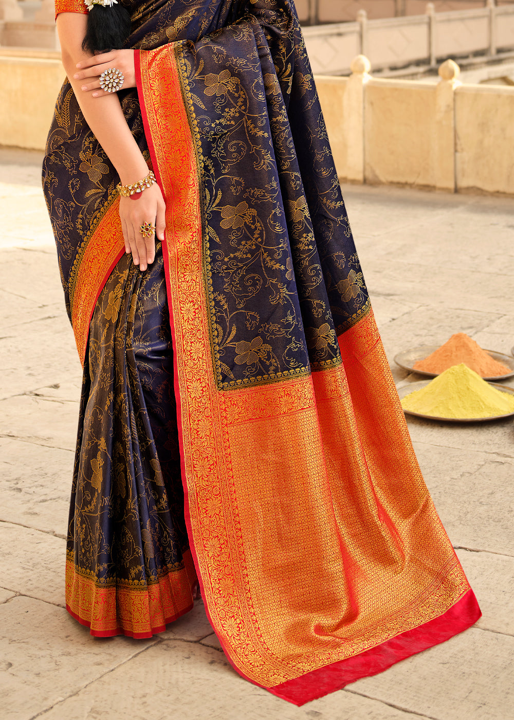 Buy MySilkLove Rock Blue and Red Zari Woven Kanjivaram Saree Online