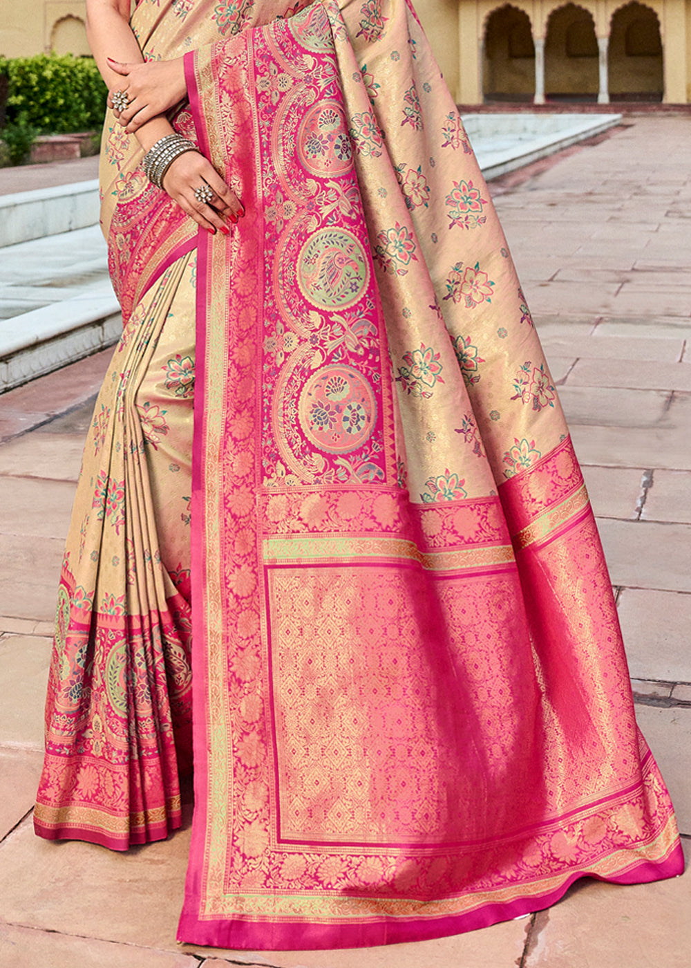 Buy MySilkLove Orleans Cream and Pink Designer Banarasi Saree Online