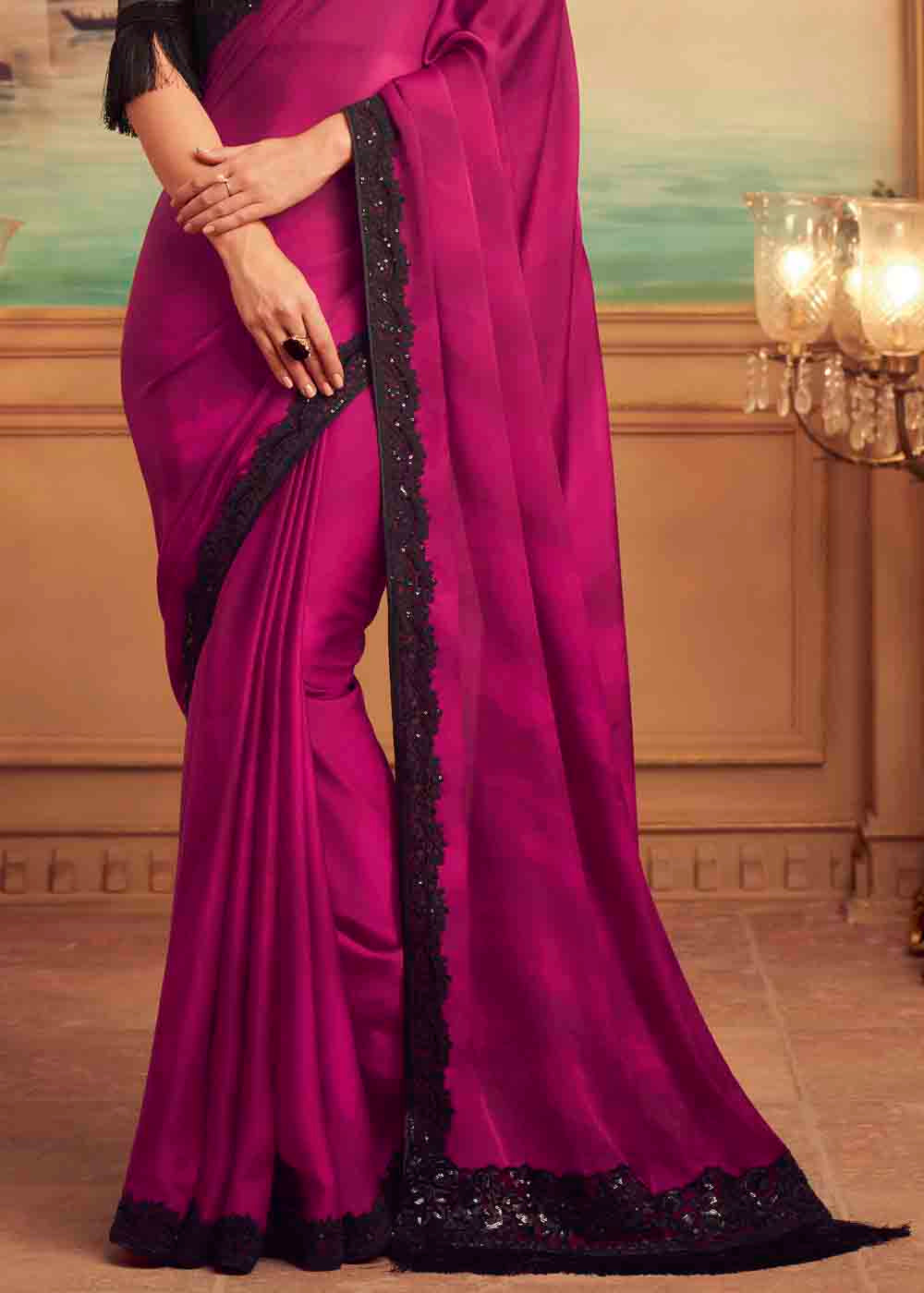 Buy MySilkLove Blush Pink and Black Embroidered Satin Silk Designer Saree Online
