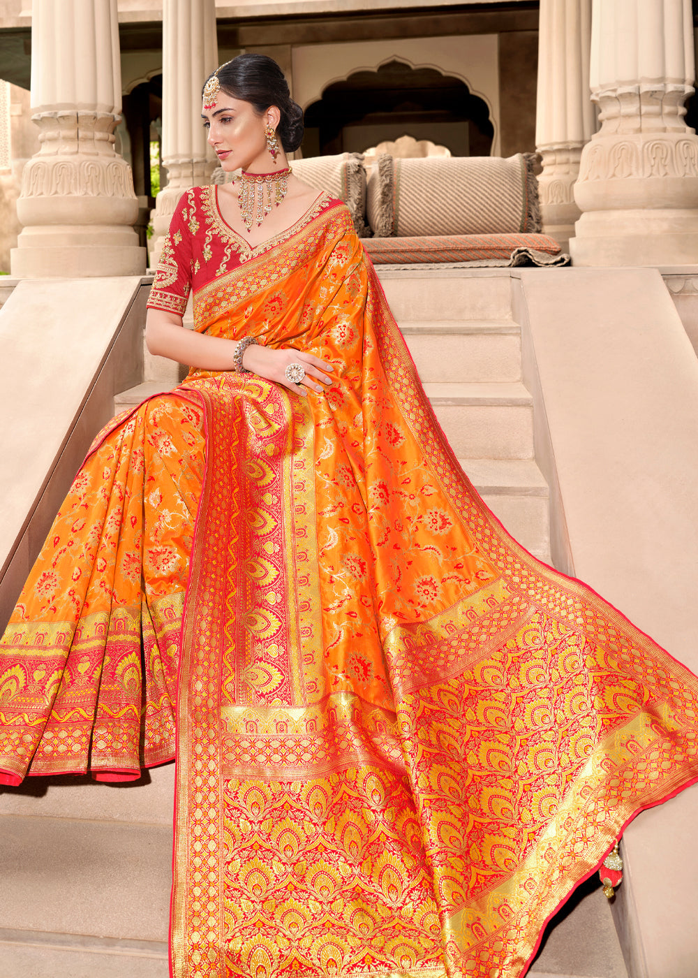 MySilkLove Burnt Orange and Red Woven Designer Banarasi Silk Saree