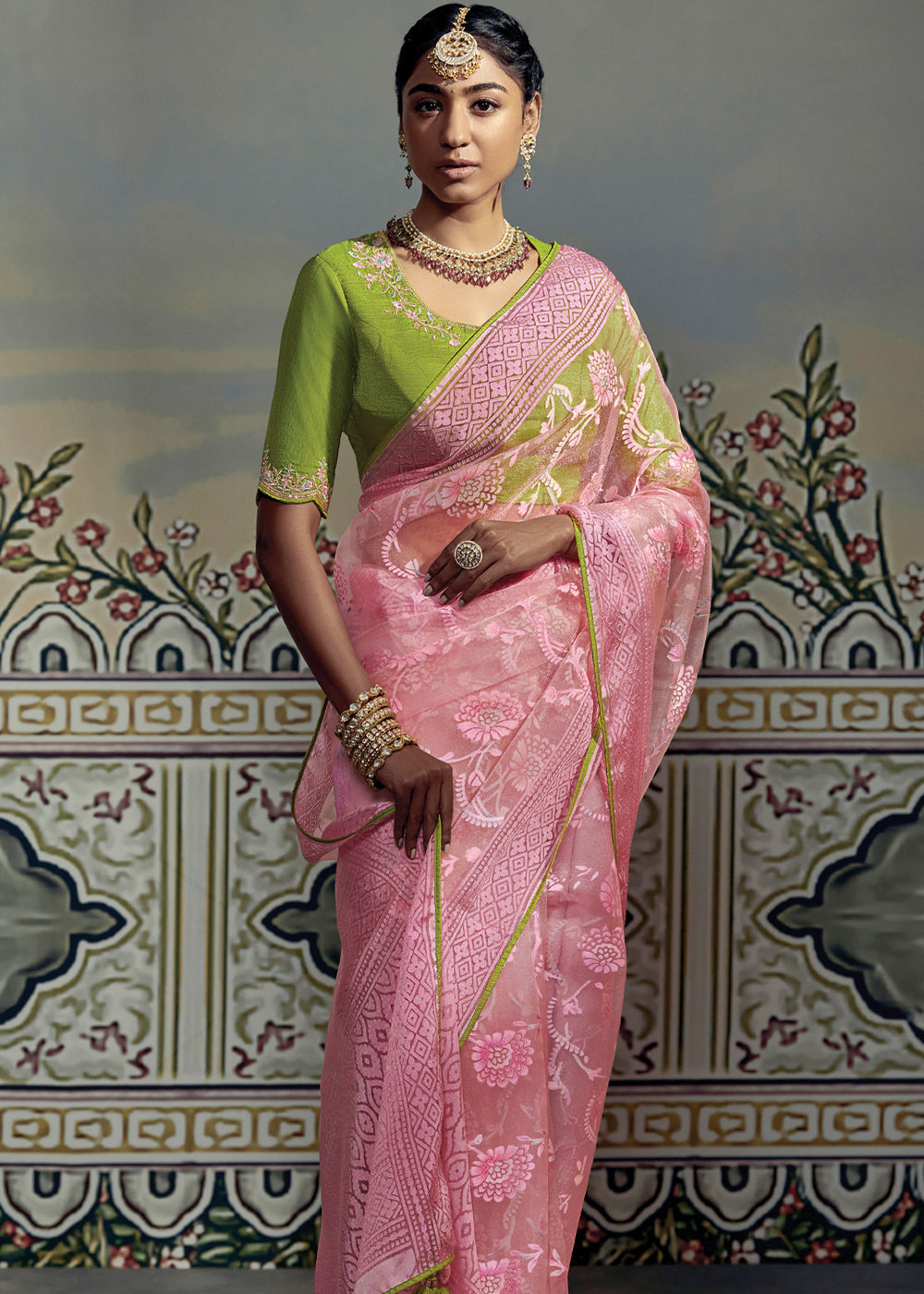 Buy MySilkLove Contessa Pink and Green Woven Soft Silk Saree with Embroidered Blouse Online