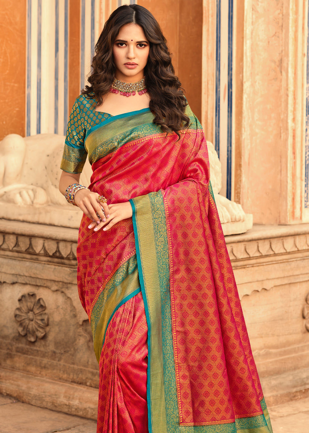 Buy MySilkLove Jelly Pink and Blue Zari Woven Kanjivaram Saree Online