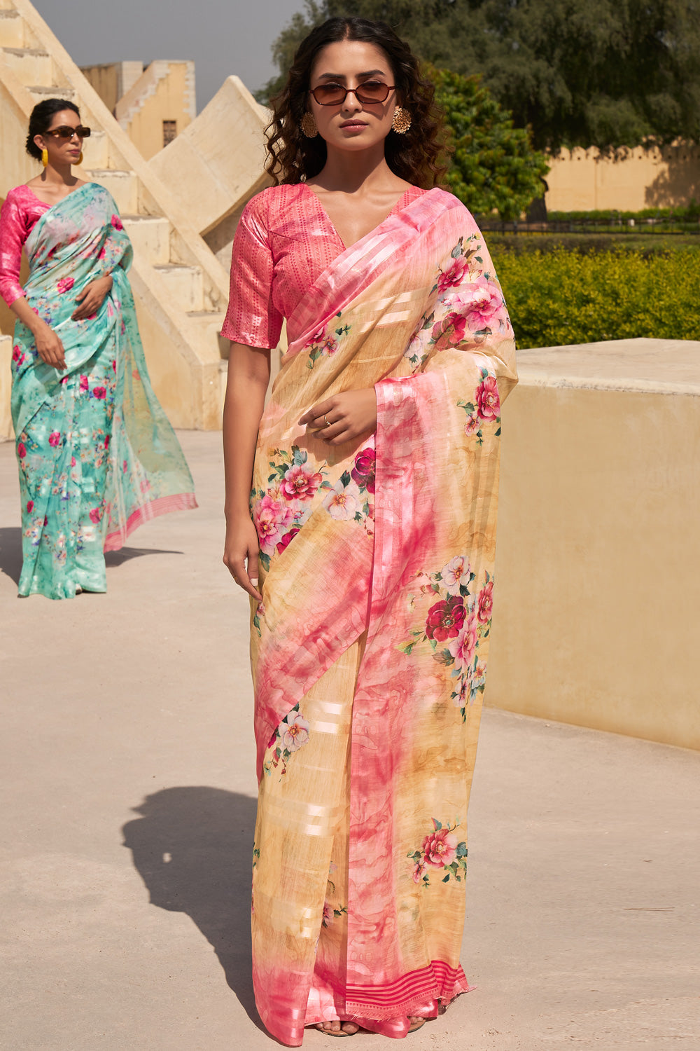 Buy MySilkLove Maize Beige and Pink Digital Printed Linen Floral Saree Online