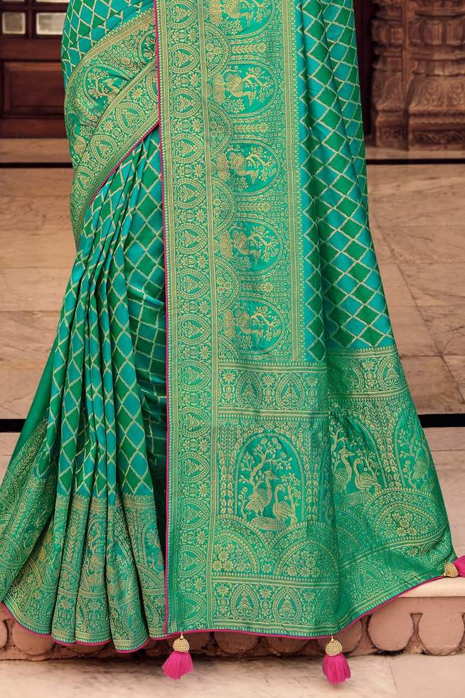 Buy MySilkLove Aqua Forest Green Handloom Designer Banarasi Saree Online