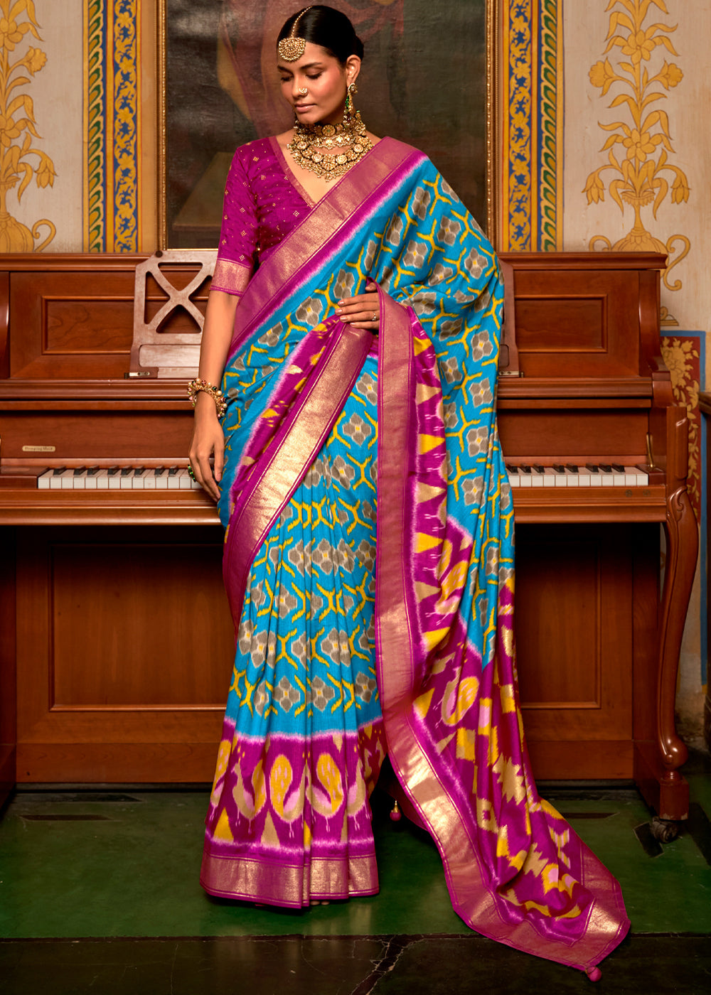 Buy MySilkLove Curious Blue and Pink Patola Silk Saree Online