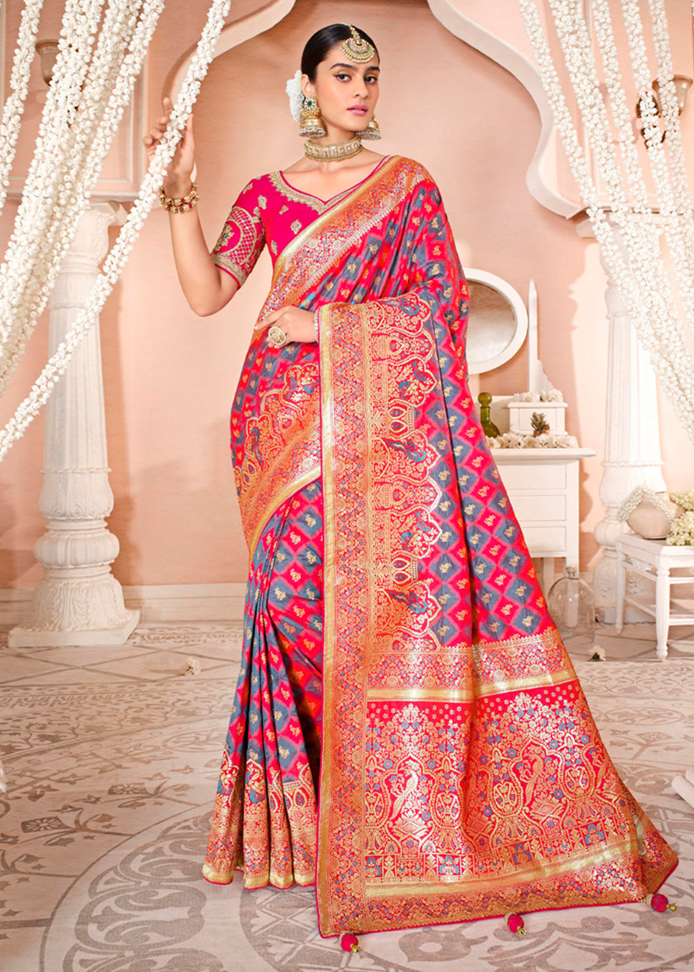 Buy MySilkLove Rose Pink Zari Woven Banarasi Saree with Designer Blouse Online