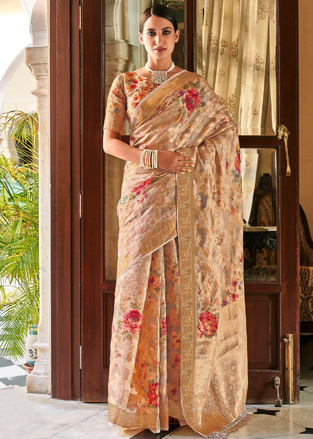 Buy MySilkLove Cameo Cream Digital Printed Brasso Saree Online