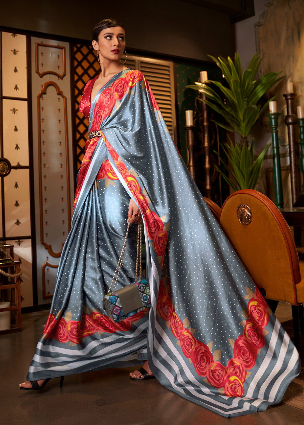 Buy MySilkLove Shadow Grey and Red Printed Satin Silk Saree Online