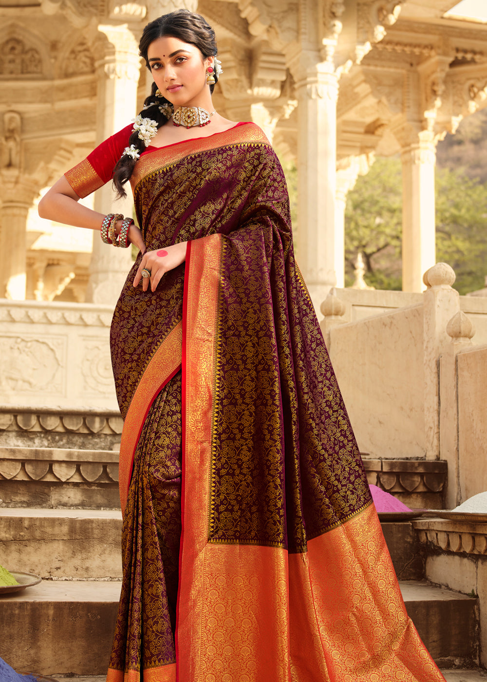 Buy MySilkLove Rebel Brown and Red Zari Woven Kanjivaram Saree Online