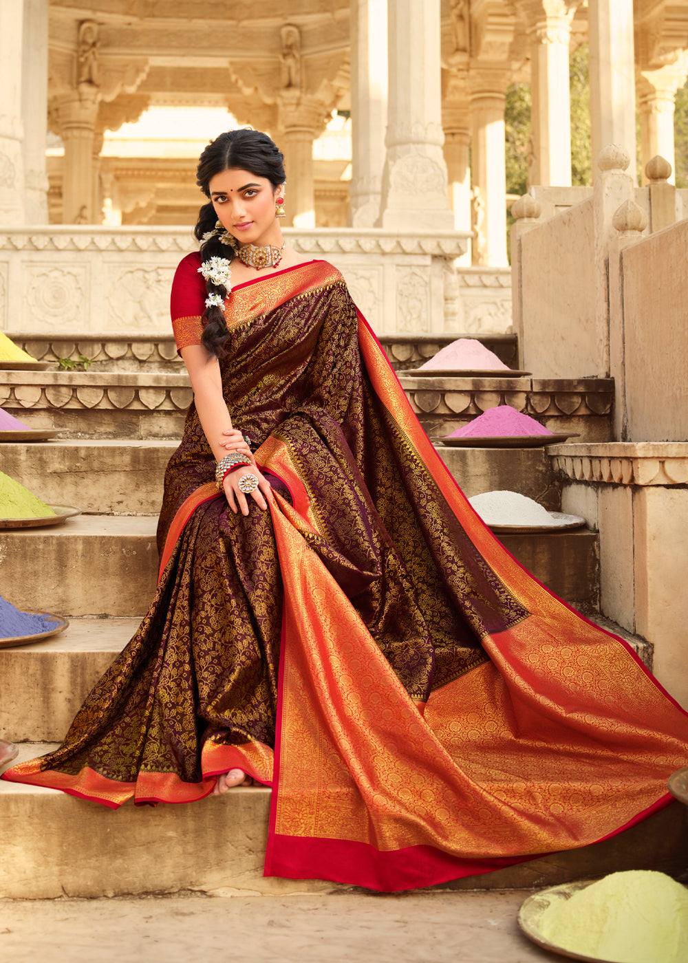 Buy MySilkLove Rebel Brown and Red Zari Woven Kanjivaram Saree Online