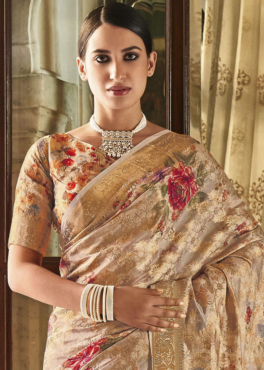 MySilkLove Cameo Cream Digital Printed Brasso Saree