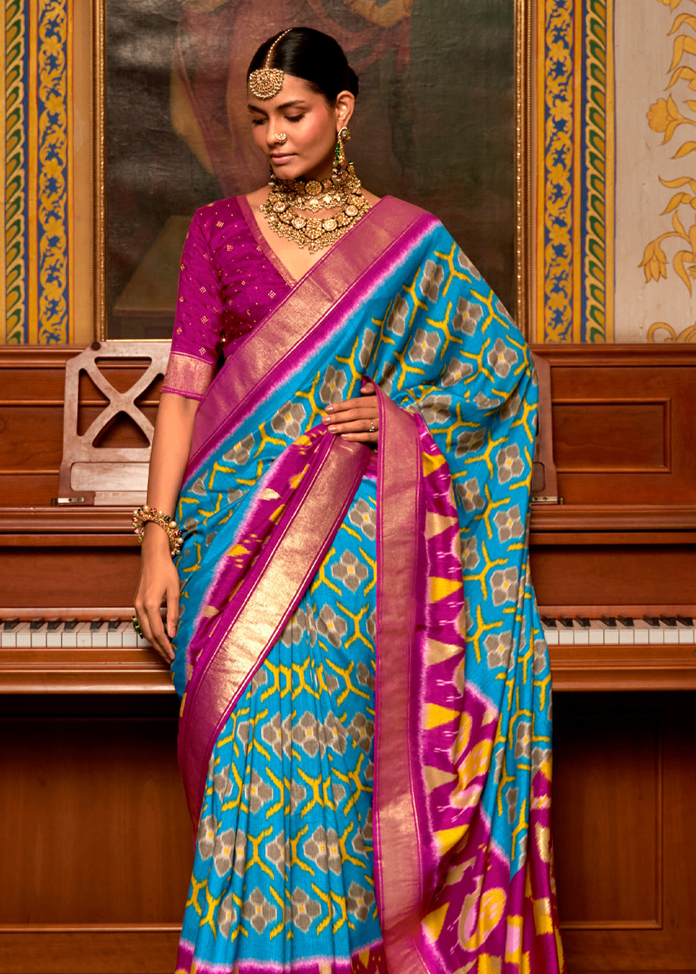 Buy MySilkLove Curious Blue and Pink Patola Silk Saree Online