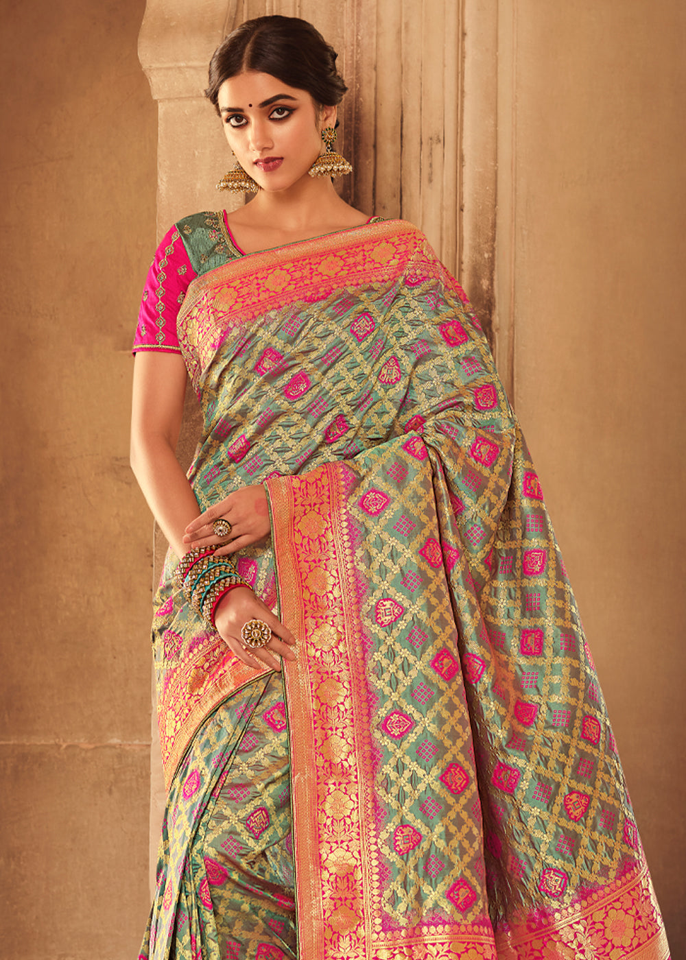 Buy MySilkLove Taupe Grey and Pink Zari Woven Banarasi Saree with Designer Blouse Online