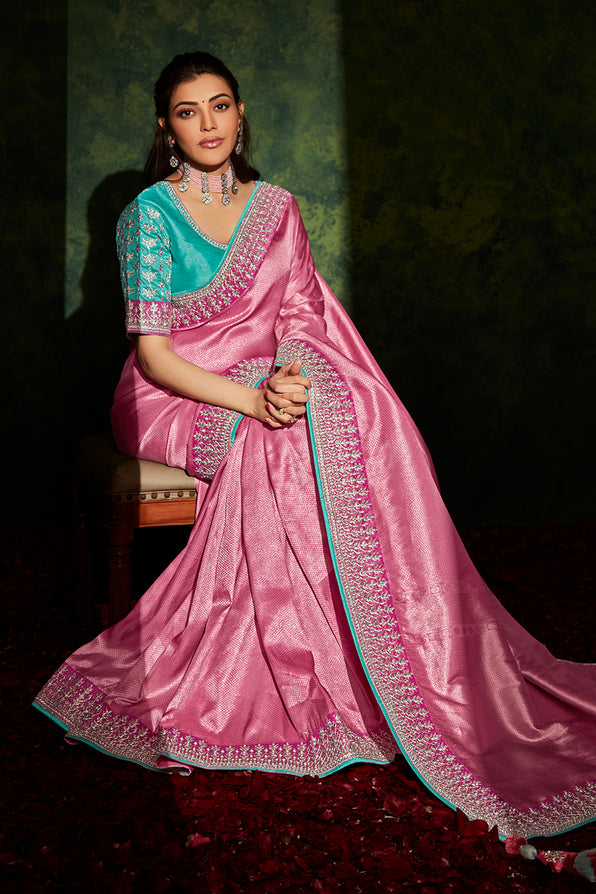 Shimmering Pink and Blue South Silk Saree