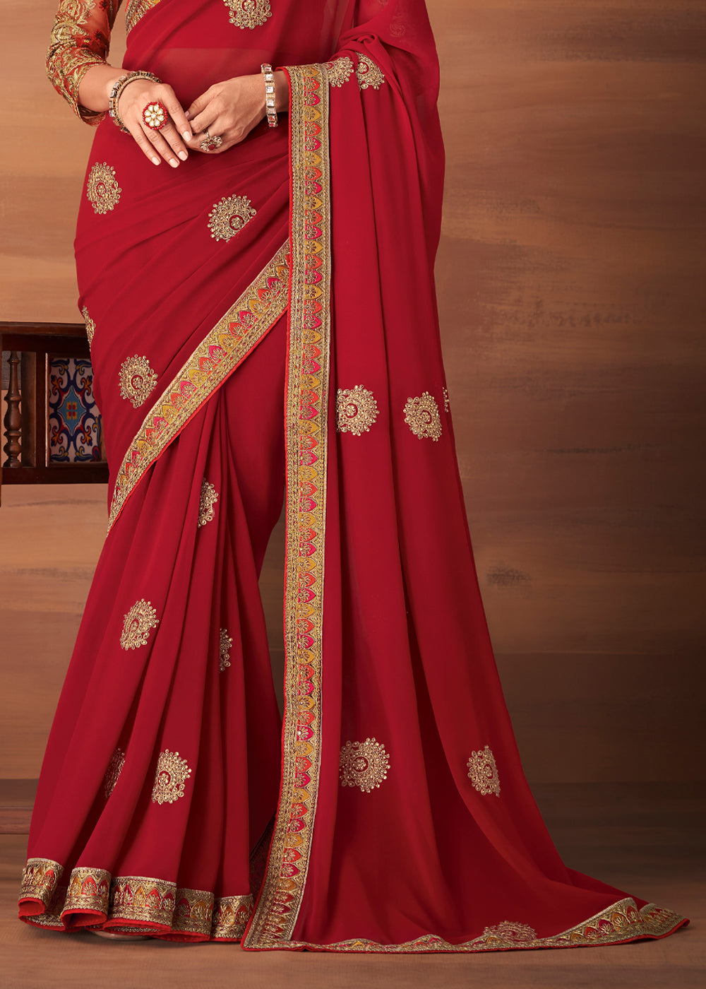 Buy MySilkLove Chestnut Rose Red Designer Saree with Embroidered Blouse Online