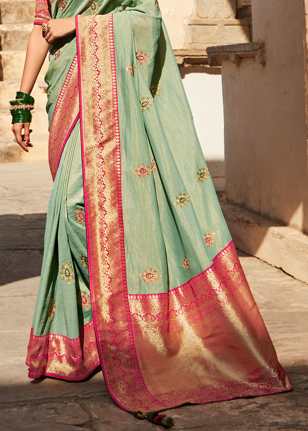 Buy MySilkLove Swamp Green and Pink Zari Woven Designer Banarasi Saree Online