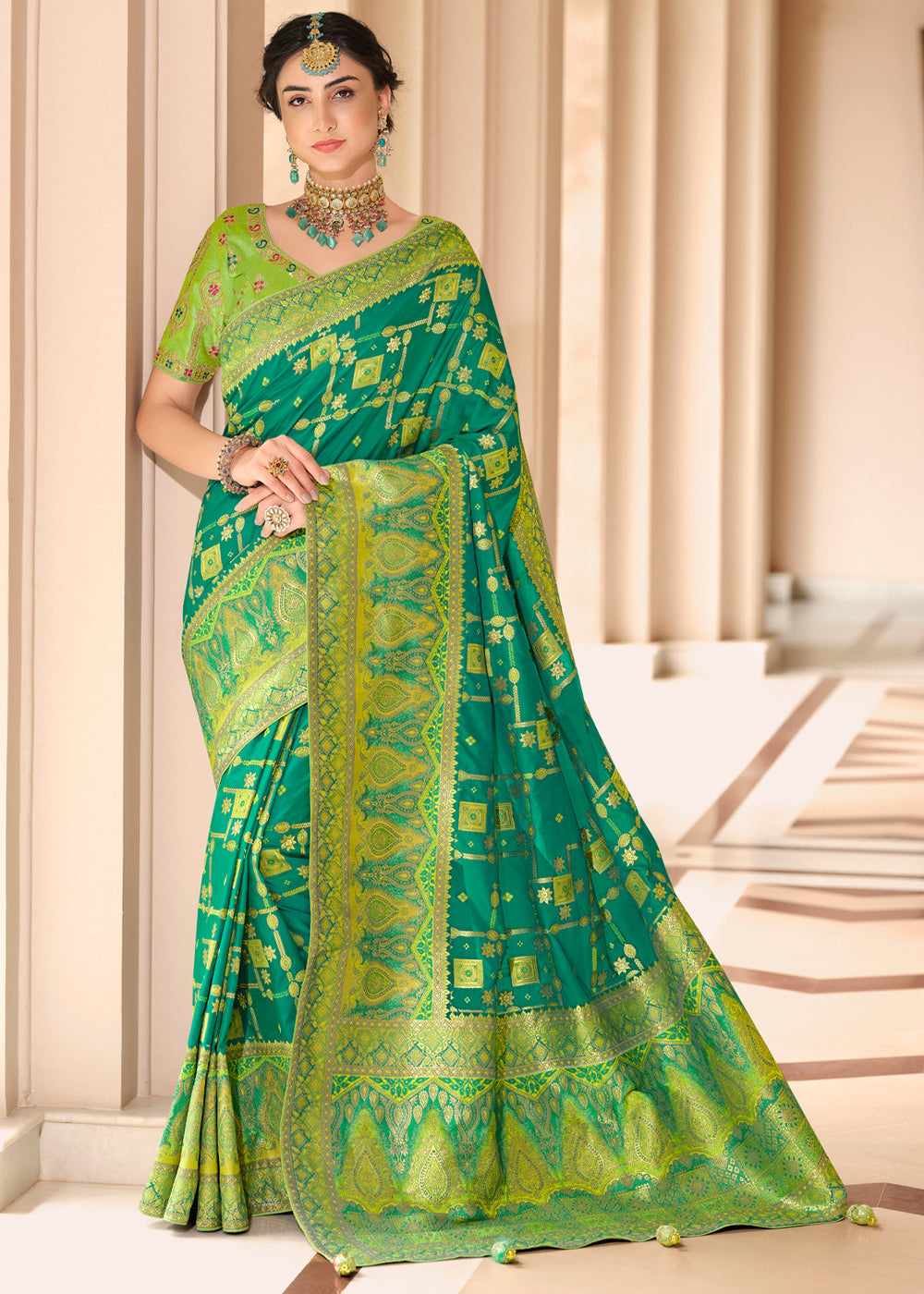 Buy MySilkLove Viridian Green and Light Green Woven Designer Banarasi Silk Saree Online
