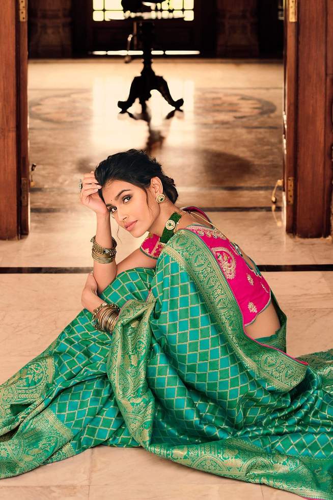 Buy MySilkLove Aqua Forest Green Handloom Designer Banarasi Saree Online