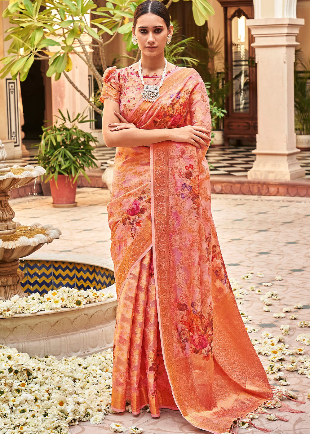 Buy MySilkLove Sunglo Peach Digital Printed Brasso Saree Online