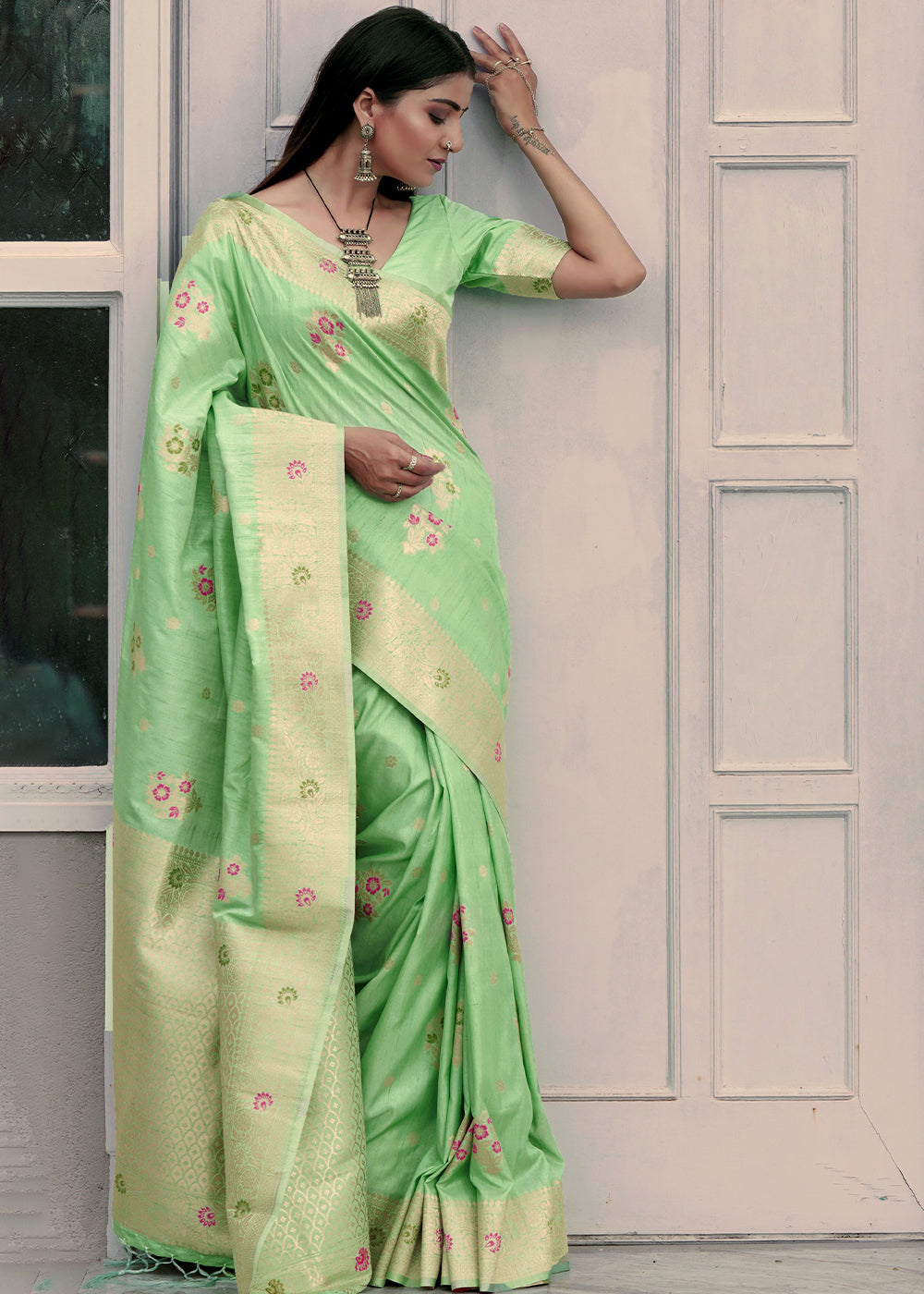 Buy MySilkLove Moss Green Banarasi Saree Online