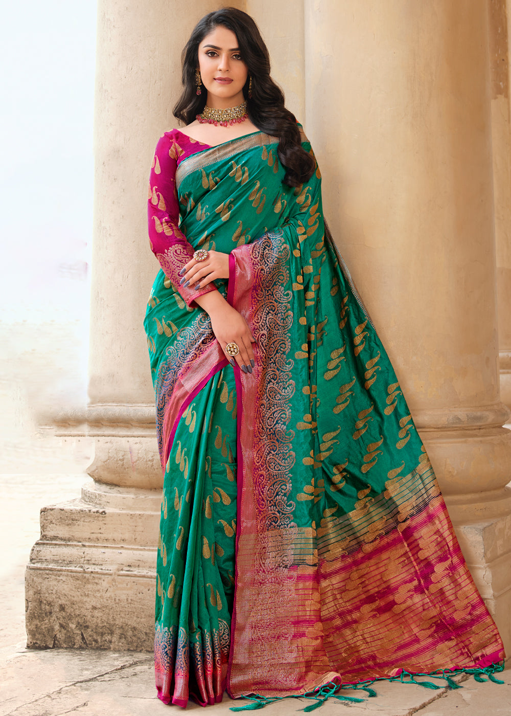 Buy MySilkLove Emerald Blue Woven Banarasi Raw Silk Saree Online