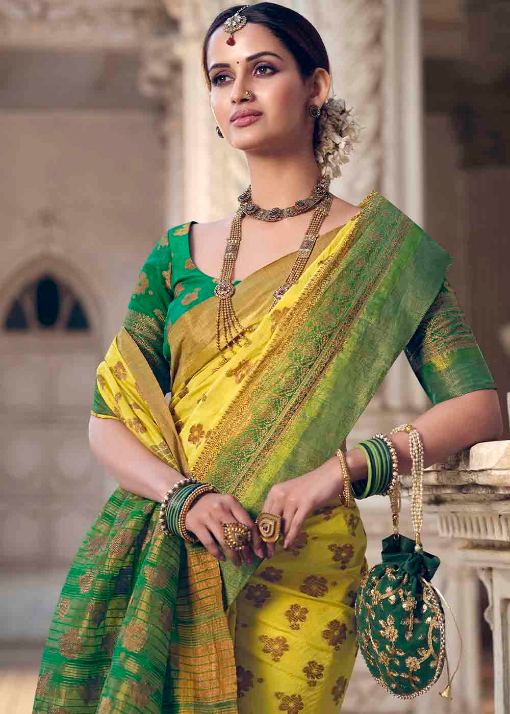 Buy MySilkLove Energy Yellow and Green Zari Woven Banarasi Raw Silk Saree Online