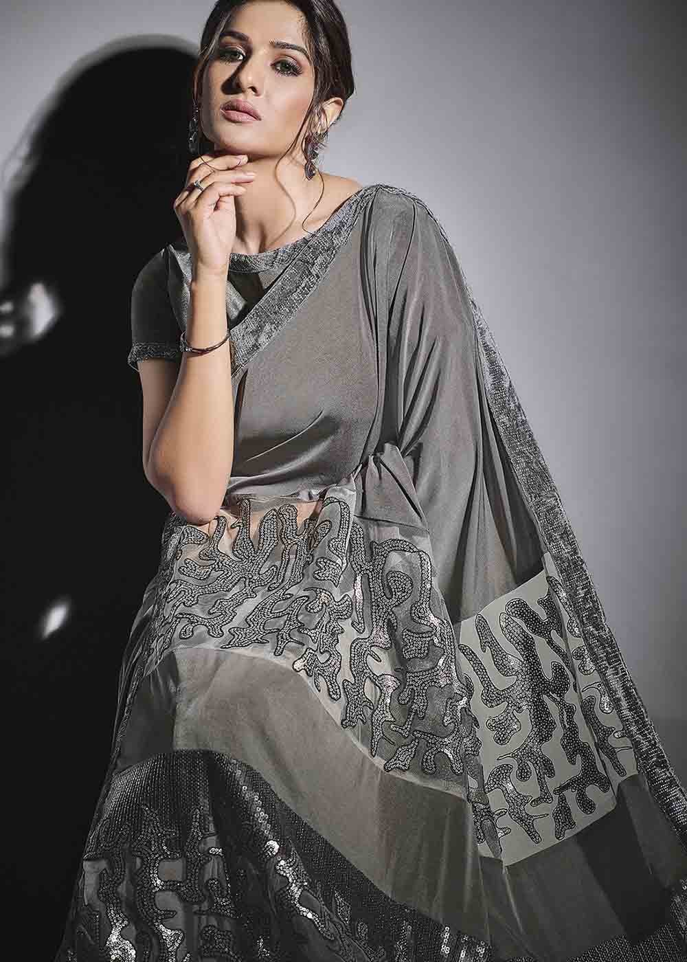 Buy MySilkLove Empress Grey Designer Lycra Saree with Embroidery Work Online