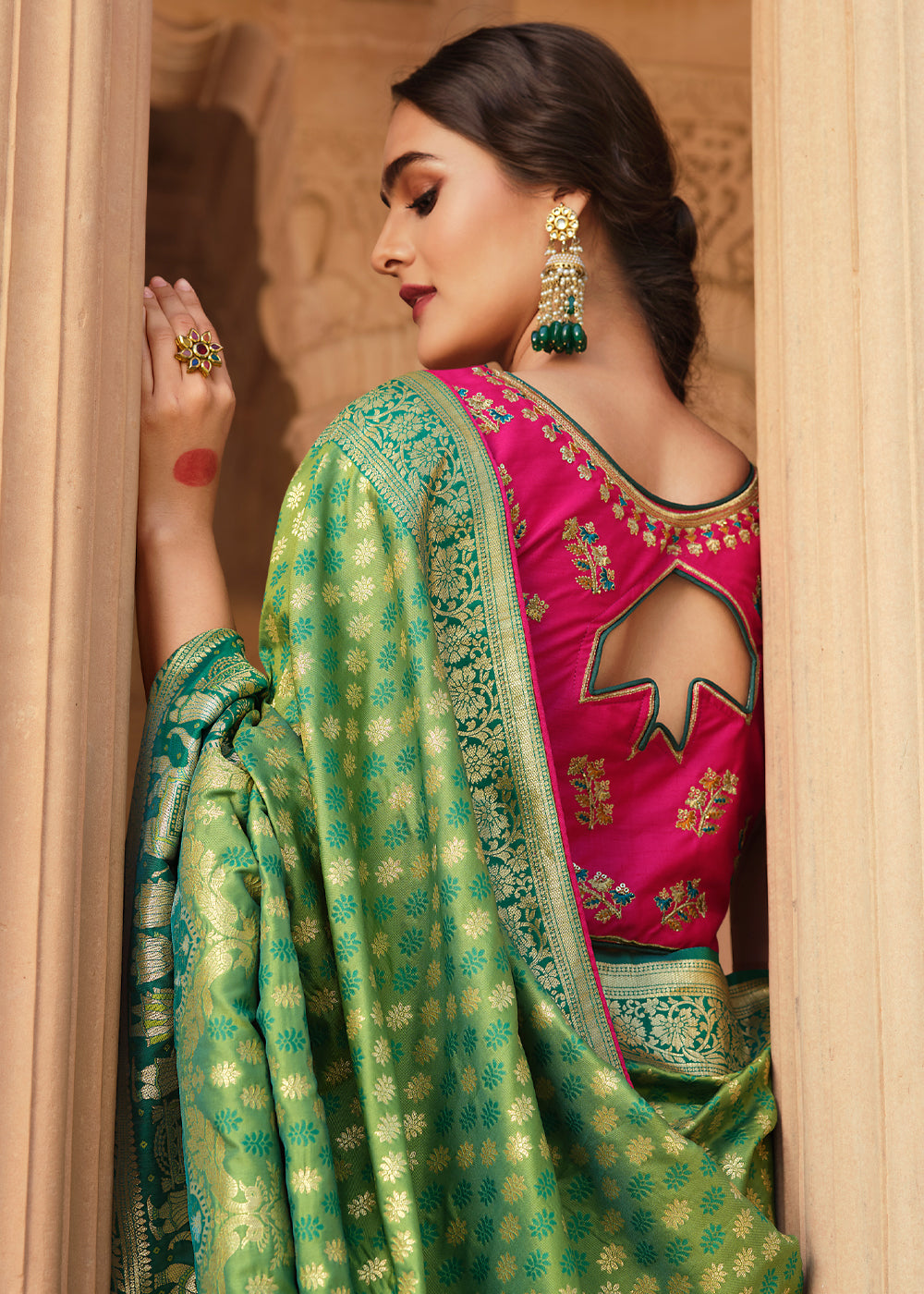 Buy MySilkLove Amulet Green and Pink Zari Woven Banarasi Saree with Designer Blouse Online