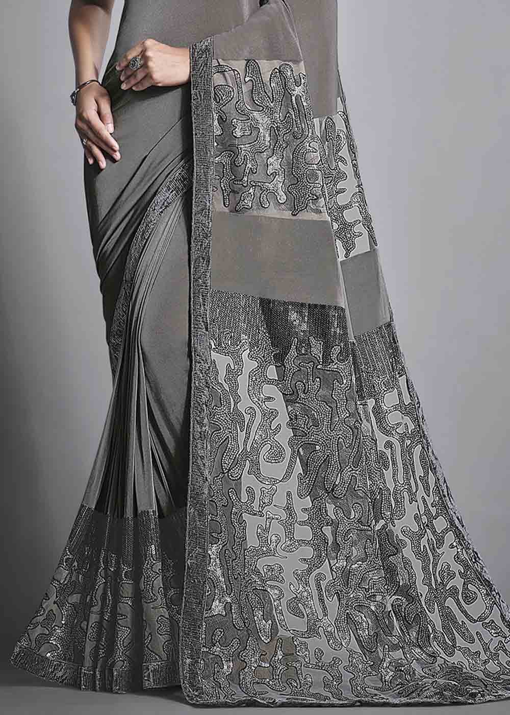 Buy MySilkLove Empress Grey Designer Lycra Saree with Embroidery Work Online