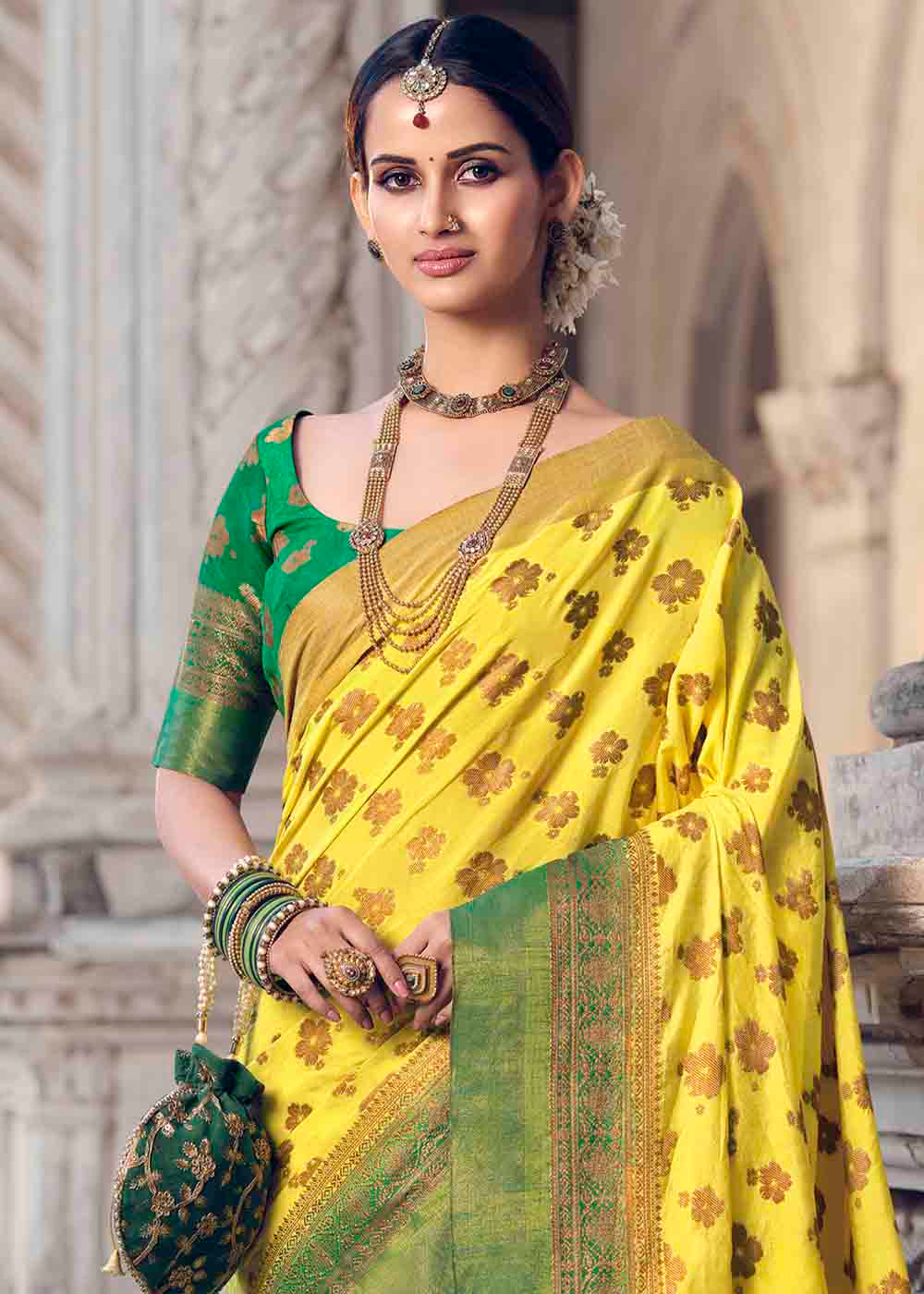 Buy MySilkLove Energy Yellow and Green Zari Woven Banarasi Raw Silk Saree Online