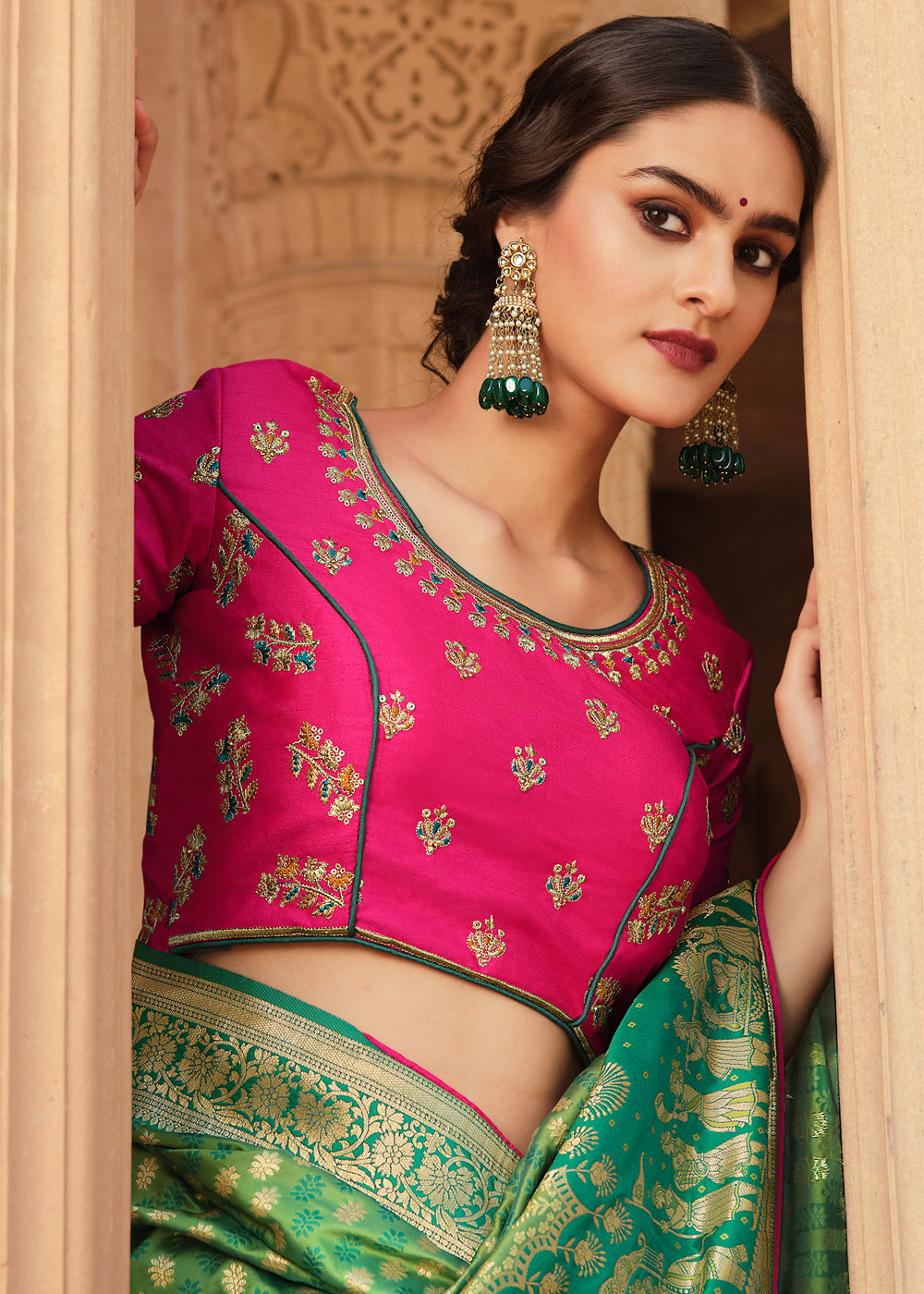 Buy MySilkLove Amulet Green and Pink Zari Woven Banarasi Saree with Designer Blouse Online