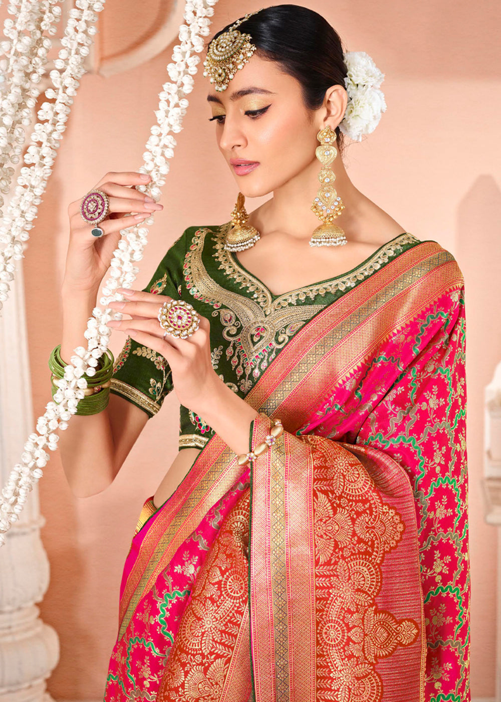 Buy MySilkLove Wild Pink and Green Zari Woven Banarasi Saree with Designer Blouse Online